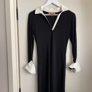 Karen Zambos Black Dress with White Cuffs & Trim
